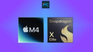 Two logos representing technology brands: Apple's M4 Chip on the left and Qualcomm's Snapdragon X Elite on the right.