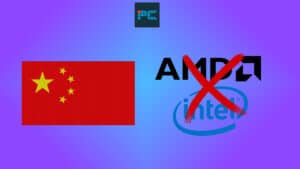 Flag of China with tech company logos AMD and Intel crossed out, implying a ban.