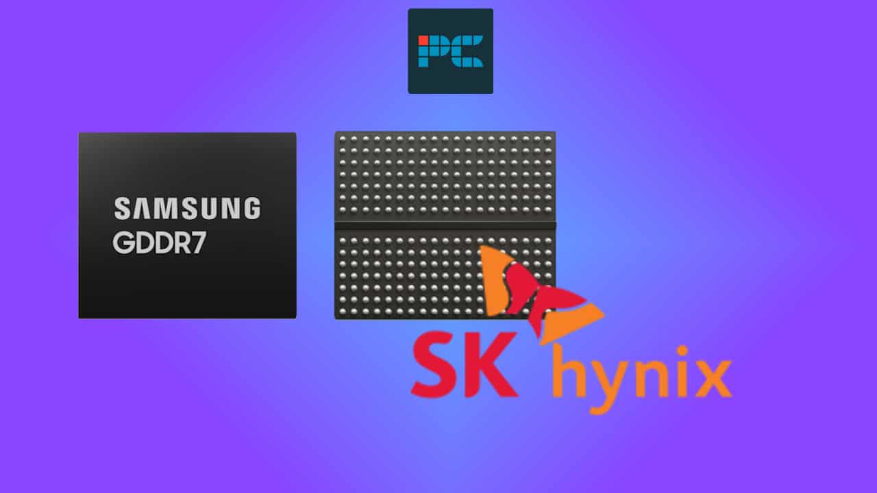 Logos of semiconductor manufacturers, including SK Hynix, and a chip with a graphic of a butterfly and GDDR7 40 Gbps on it, implying innovation or transformation in memory technology.