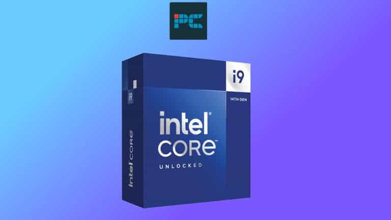 Intel Core i9-14900K deal on processor box with a chip illustration overhead against a blue background.
