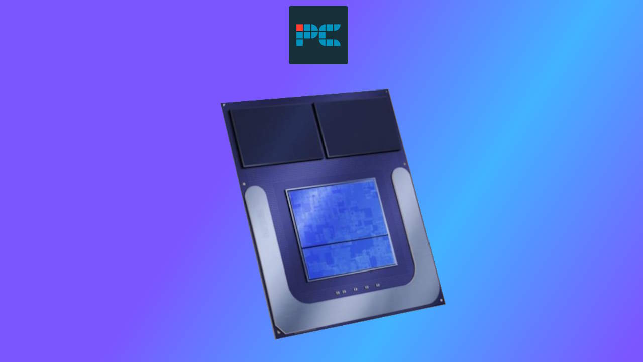 An Intel Lunar Lake CPU chip on a blue gradient background.