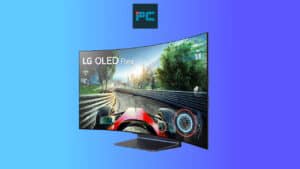 Curved LG Flex Smart TV with a bendable screen displaying a racing game.