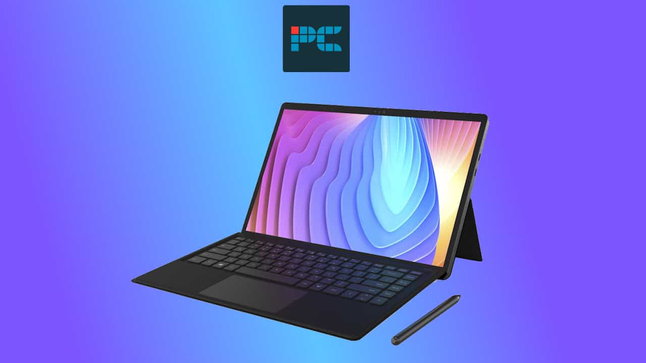 Ryzen 8040 3-in-1 tablet from Minisforum against a blue gradient background.