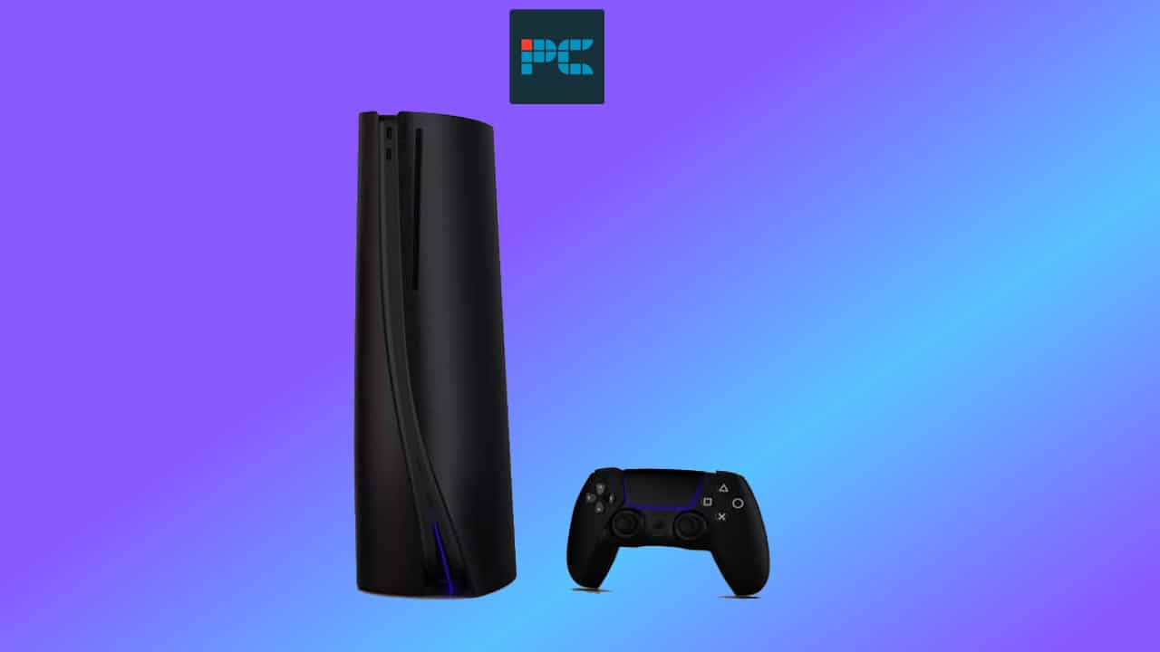 A PS5 Pro gaming console with its wireless controller against a purple background.