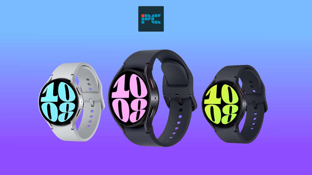 Three Galaxy Watch Series 7 variants displaying colorful digital clocks against a purple and blue gradient background.
