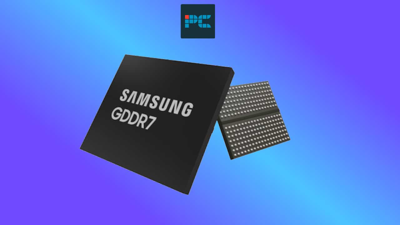 Samsung GDDR7 memory chip on a gradient blue background.