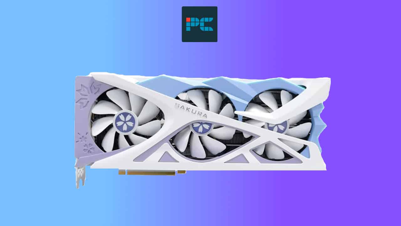 White and silver Radeon RX 7800 XT graphics card with a dual-fan design and sakura-themed embellishments on a blue and purple background.
