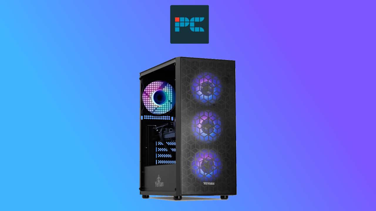 A high-end RTX 4060 gaming PC with rgb lighting against a blue and purple gradient background.