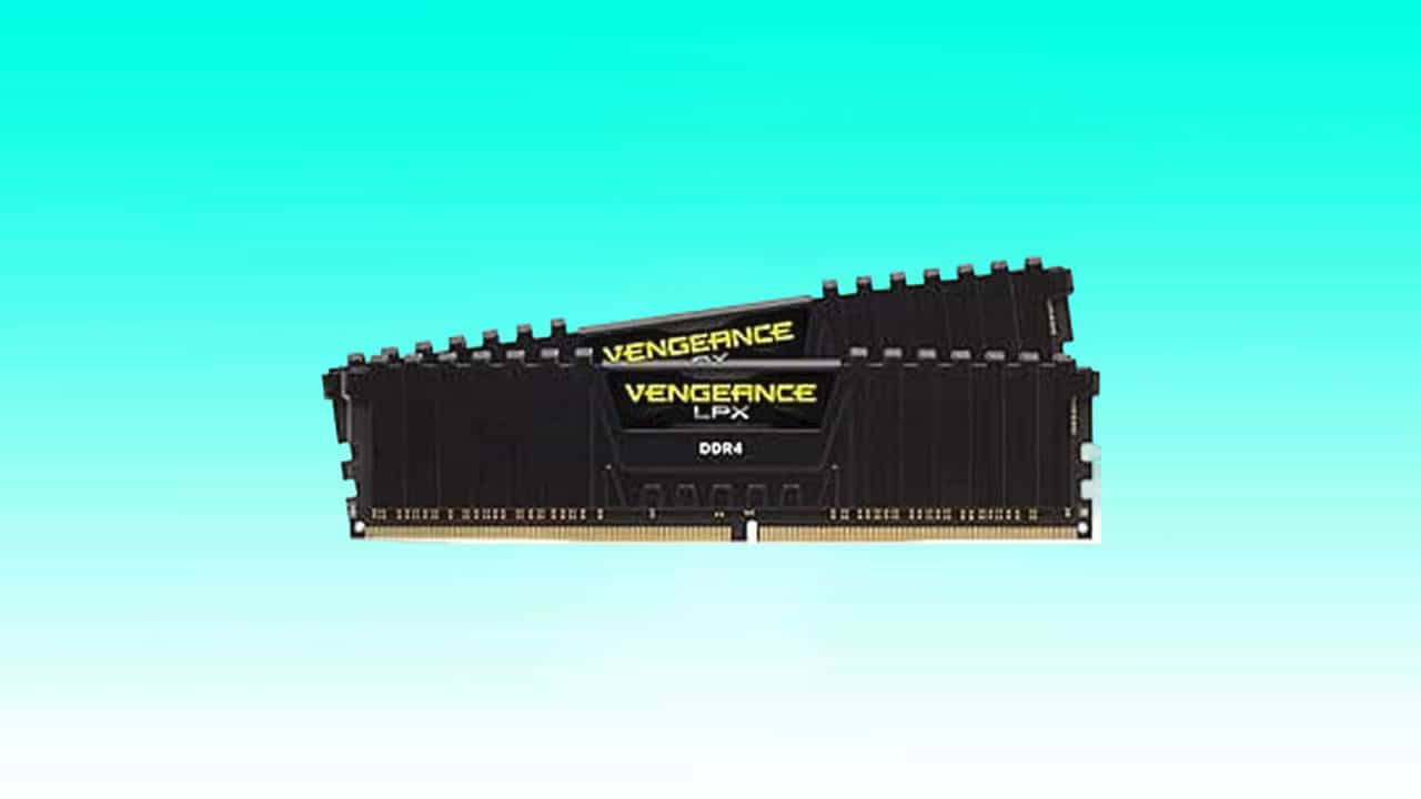 Two sticks of Corsair VENGEANCE LPX DDR4 computer memory modules.