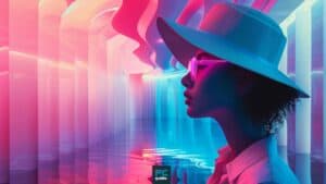 A person in a wide-brimmed hat and sunglasses stands against a vibrant, neon-lit futuristic corridor, embodying the essence of Midjourney Parameters Guide.