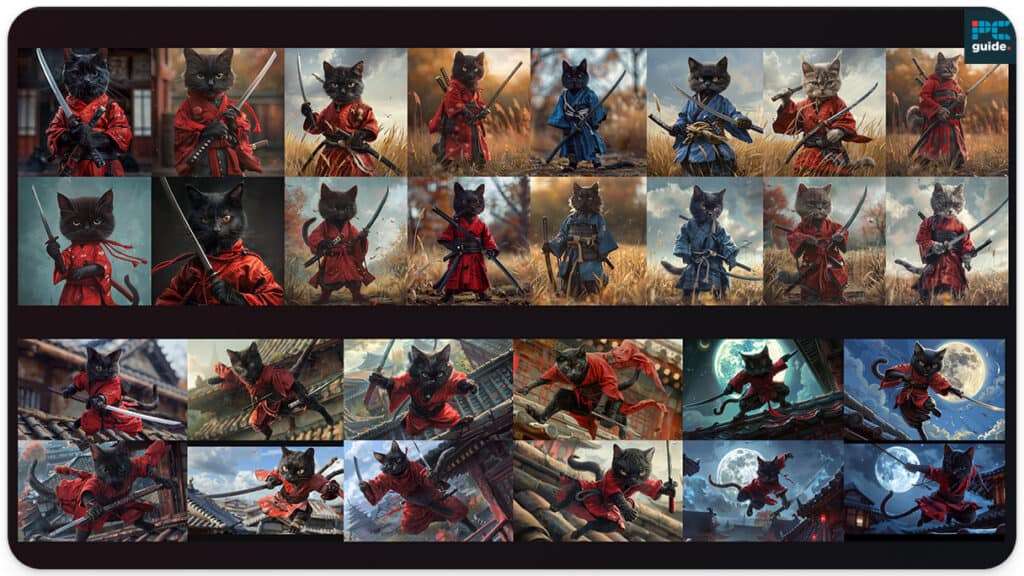 A collage of digital artwork depicting a cat character dressed as a ninja guide in various dynamic action poses.