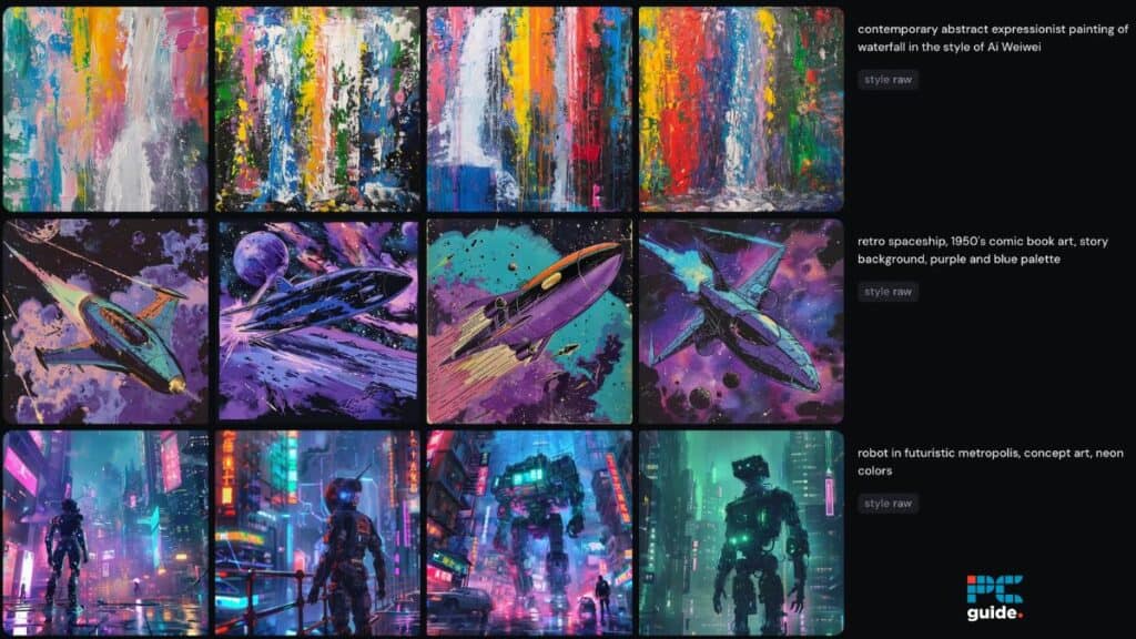 A collage of vibrant images showcasing various artistic styles, including abstract expressionist paintings, retro-futuristic comic book art, and neon-lit cyberpunk cityscapes midjourney.