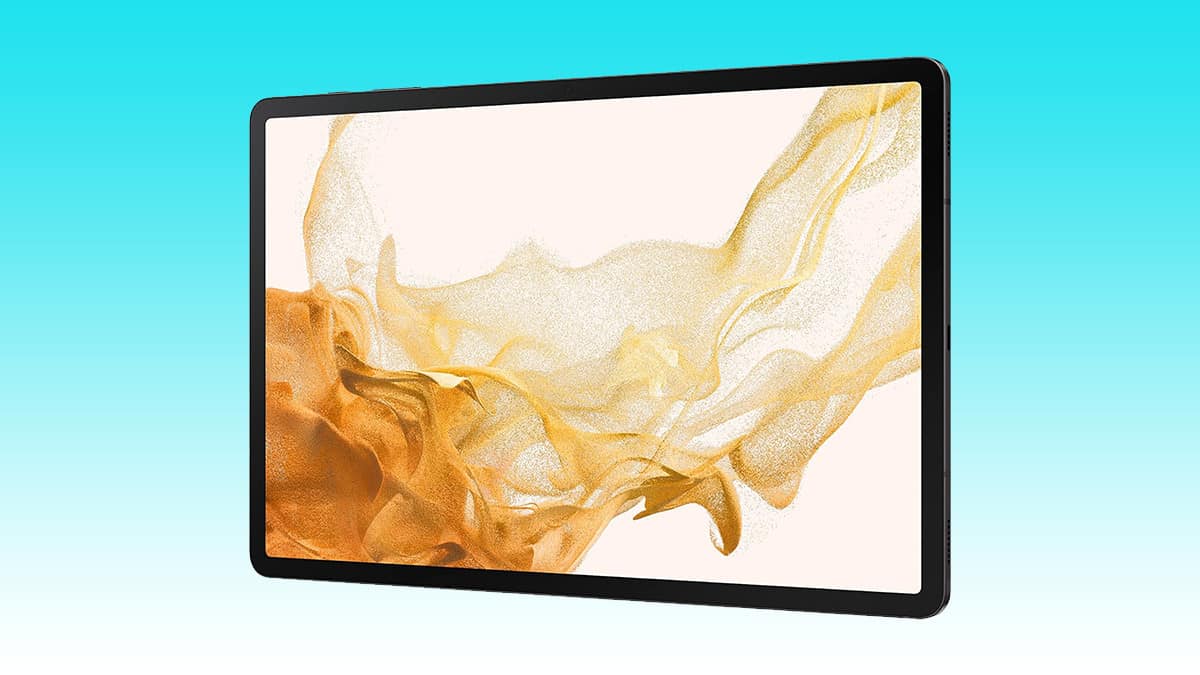 A tablet with a colorful abstract wallpaper on its screen, against a blue background, is part of Amazon's Big Spring Sale.