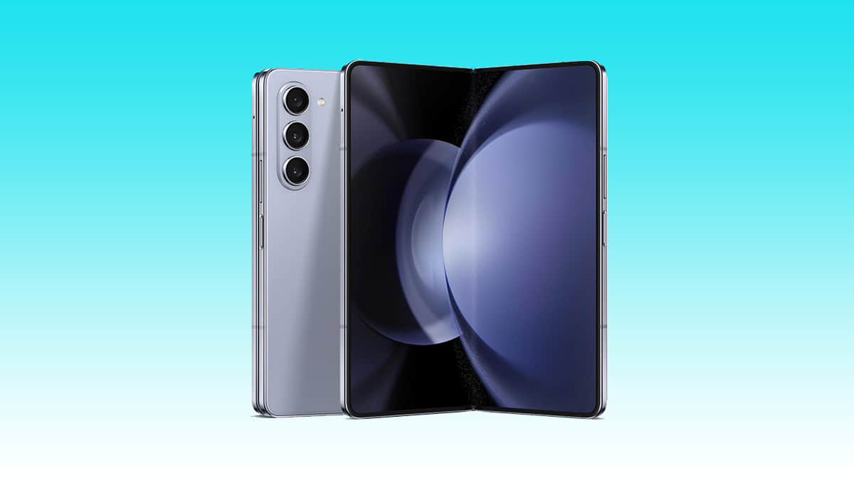 A modern foldable smartphone displayed half-opened, showcasing its large, flexible screen and Auto Draft rear camera setup, against a blue gradient background.
