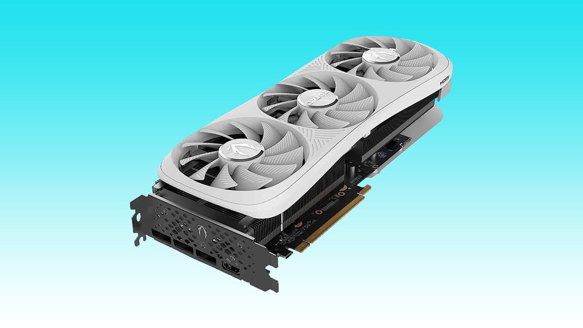 High-performance graphics card with triple-fan cooler design on a blue background. Auto Draft