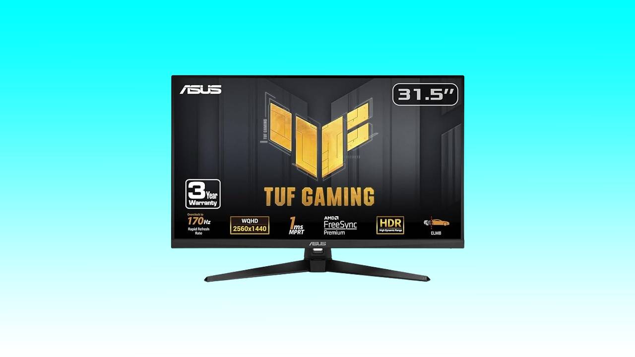 Asus TUF gaming monitor display packaging, highlighting a 31.5-inch screen, 170hz, 2560x1440 resolution, and HDR features on a light blue background.