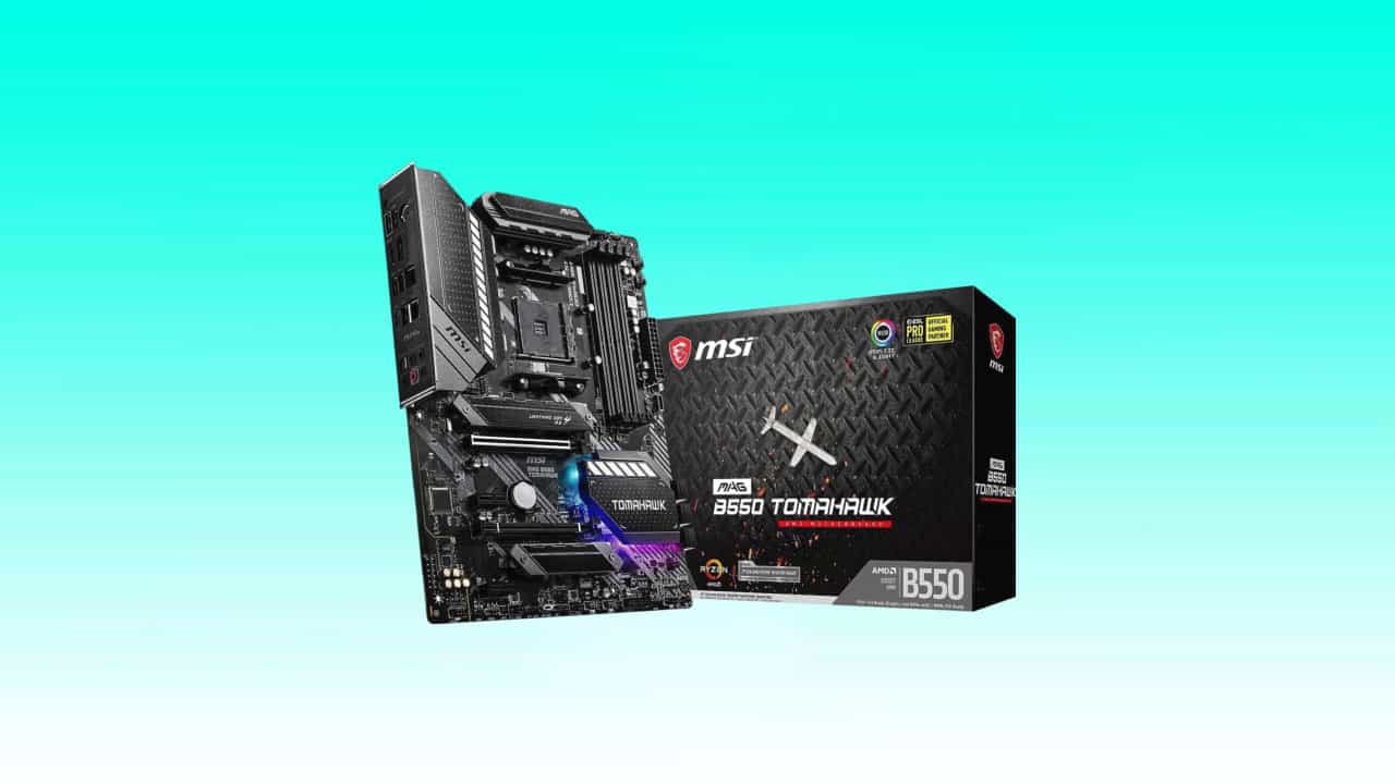 MSI MAG B550 TOMAHAWK gaming motherboard with its packaging box.