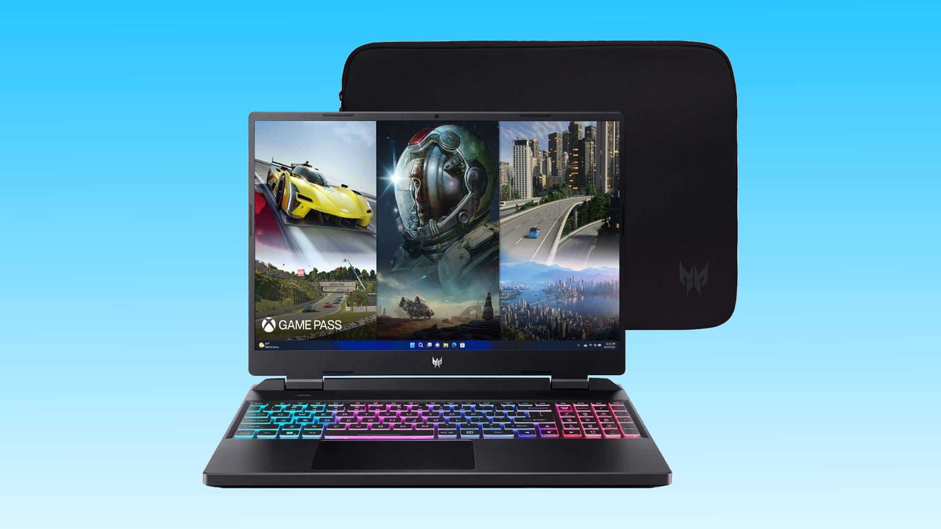 A gaming laptop from Best Buy displaying multiple video game images on its screen, featuring a colorful keyboard, against a blue background.
