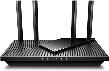 A black TP-Link AX1800 wireless router with four antennas and multiple illuminated front panel indicators.