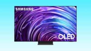A 55-inch Samsung S95D OLED TV displaying vibrant, swirling purple and blue abstract art on its screen.