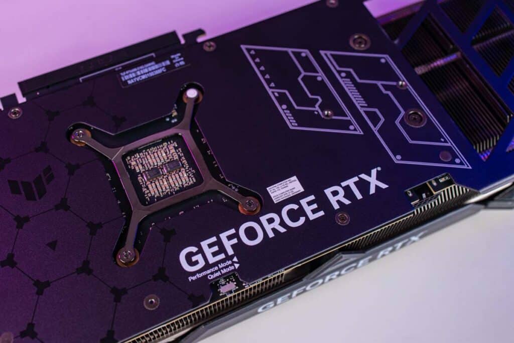 Close-up view of a geforce rtx 4080 graphics card with heat sink visible.