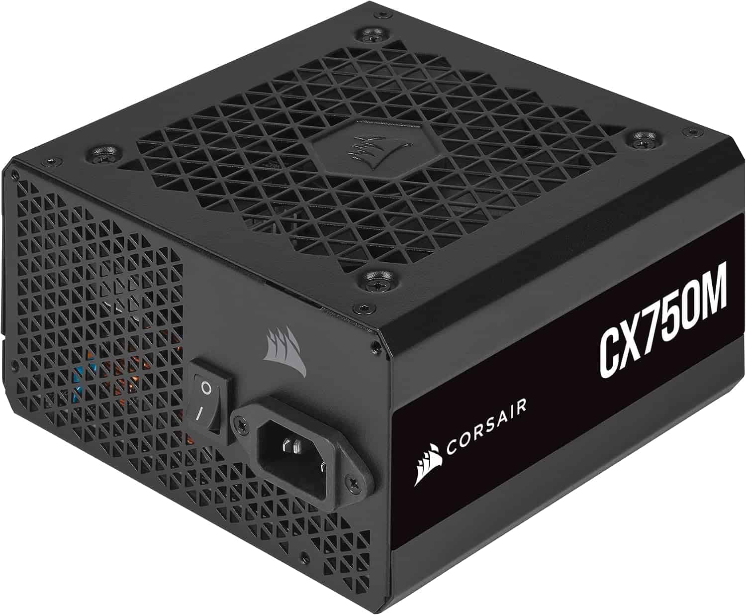 Black CORSAIR CX750M semi-modular power supply unit for desktop computers.