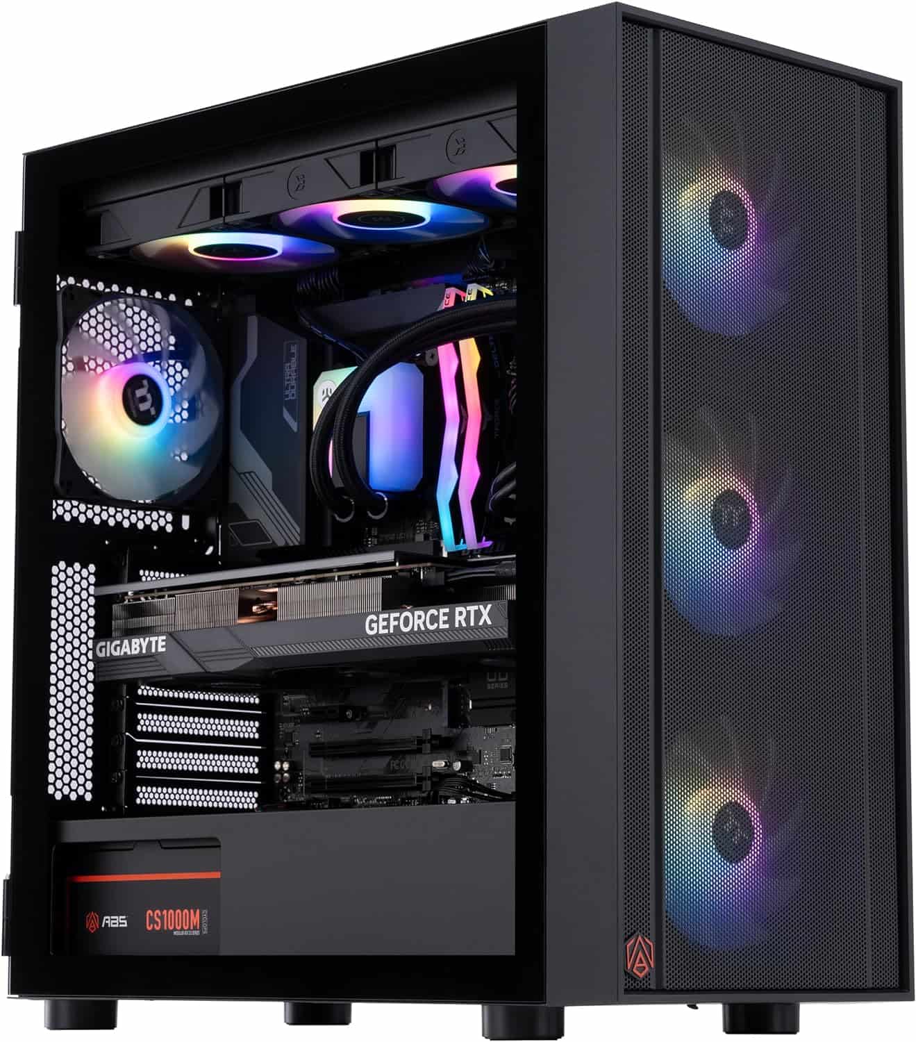 High-end ABS Eurus Aqua gaming PC with RTX 4090, RGB lighting, and visible components through a glass side panel.
