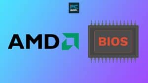 AMD BIOS update logo and a bios chip illustration with a "guide" text tag on a blue and purple gradient background.