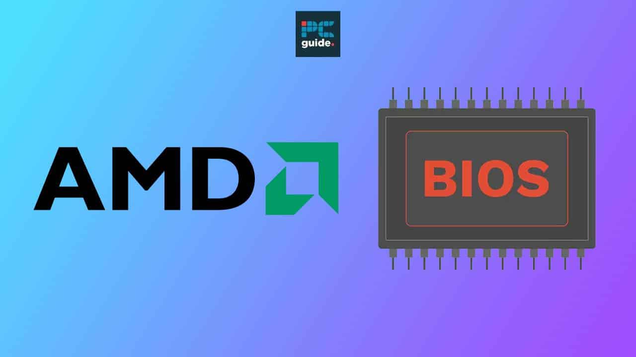 AMD BIOS update logo and a bios chip illustration with a "guide" text tag on a blue and purple gradient background.