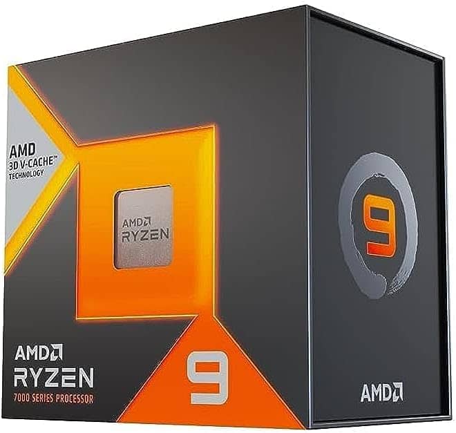 A retail box for an AMD Ryzen 9 7950X3D desktop processor, featuring prominent orange and black design elements and AMD branding.