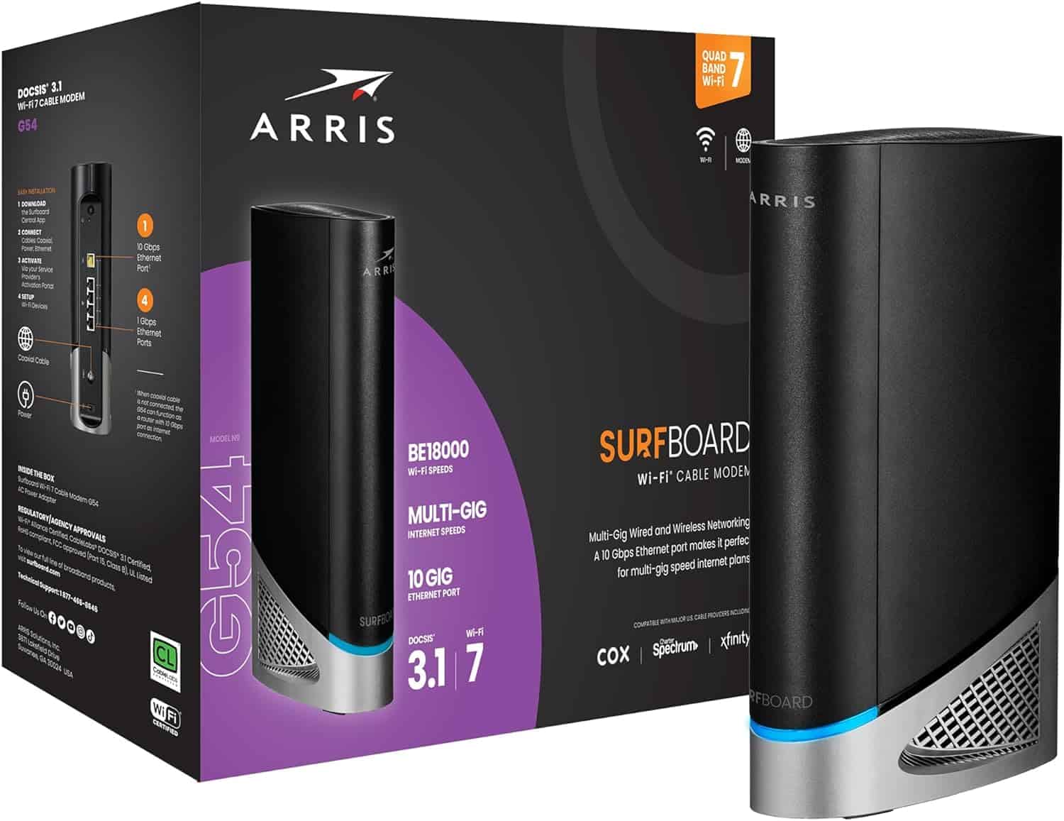 Besy modem router combo - Arris Surfboard G54 multi-gig Wi-Fi router and cable modem with its packaging box showcasing key features and specifications.