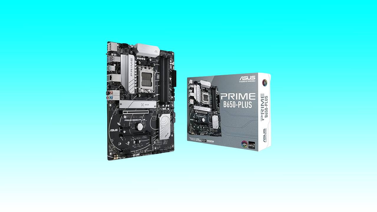 An ASUS Prime B650-PLUS ATX motherboard displayed alongside its packaging box against a turquoise background.