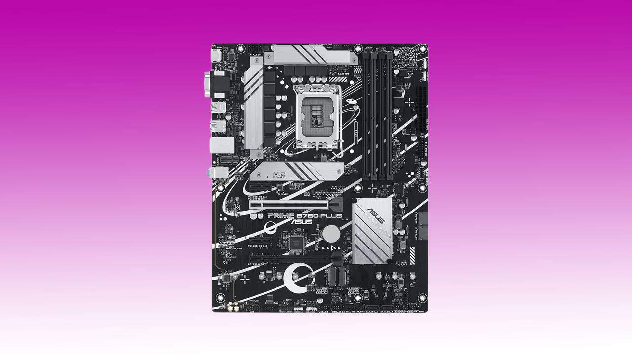 A modern PC motherboard with labels and white heatsinks, set against a purple gradient background.