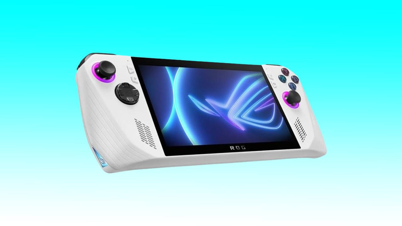 A white gaming handheld device, a Steam Deck competitor with a large screen and control buttons on a teal background.