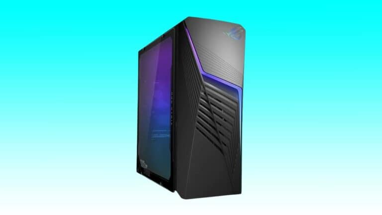 An ASUS ROG G13CH gaming desktop computer with a purple and blue LED light design on a turquoise background.