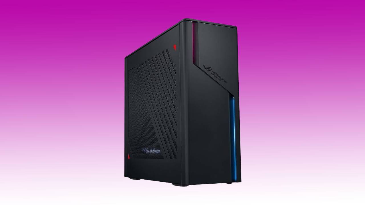 Black ASUS ROG G22CH gaming desktop tower with blue LED lights against a pink and purple gradient background.