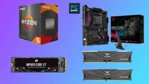 Assorted computer hardware including an AMD Ryzen processor, ASUS B550-XE motherboard bundle, and T-Force MP600 Core X SSDs with a "guide" icon.