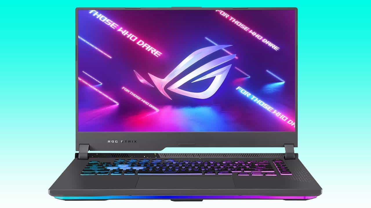 Gaming laptop with RGB lighting and ASUS ROG Strix G15 logo on display, available on Amazon.
