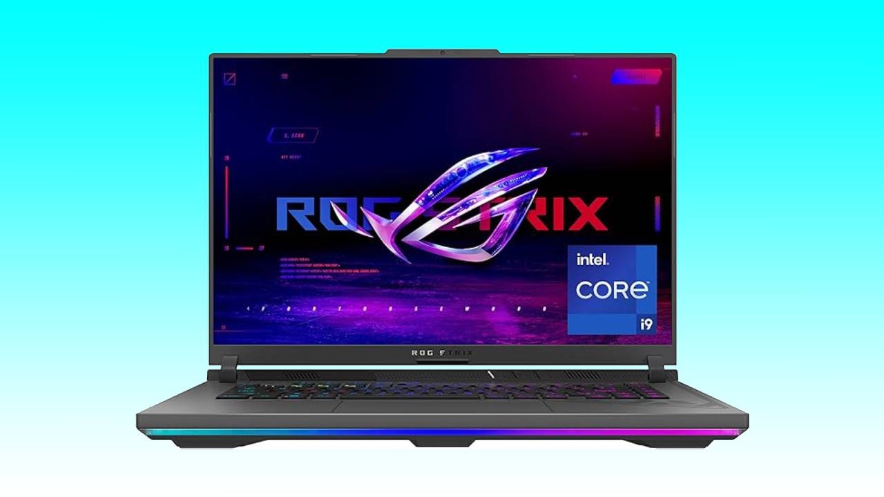 A laptop with an open screen displaying the Asus ROG Strix logo and Intel Core i9 branding, set against a colorful, neon-lit Auto Draft background.