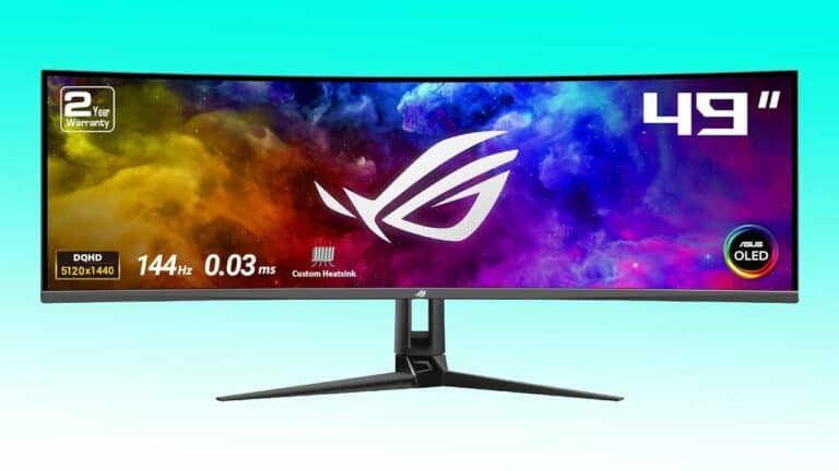 A 49-inch wide curved gaming monitor displaying vibrant colors, with logos for 144 Hz refresh rate, OLED technology, and a custom heatsink.