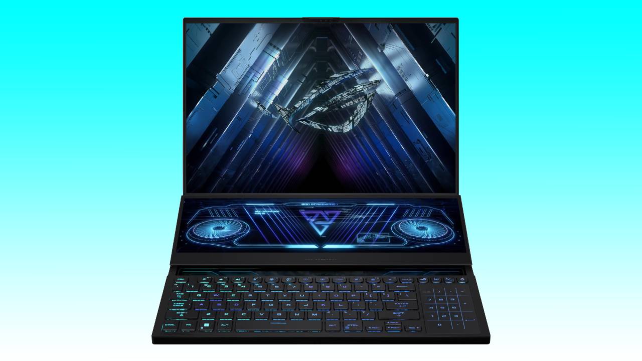 A gaming laptop featuring an RTX 4090, displaying a vivid, futuristic spaceship image with striking blue and purple hues on its screen, set against a gradient blue background.