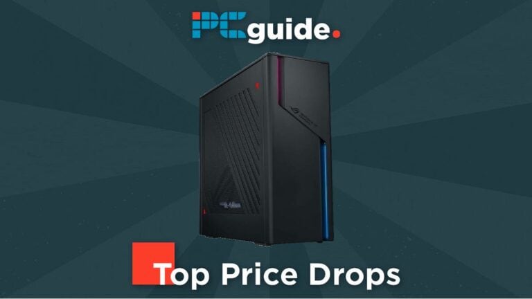 A Lenovo gaming PC tower displayed on a dark teal background with a red and blue "PC guide" logo and a red label stating "top price drops."