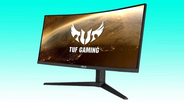 Curved gaming monitor with a "tuf gaming" logo display, featuring a dynamic space-themed Auto Draft, set against a plain light blue backdrop.