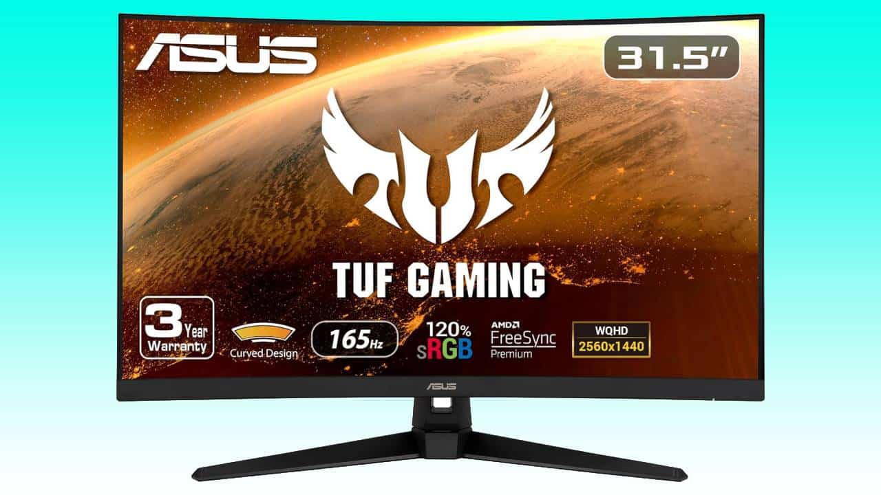 An ASUS TUF Gaming Monitor, 31.5 inches, featuring a curved design, AMD FreeSync, and 1440p resolution, displayed with brand and product specifications.
