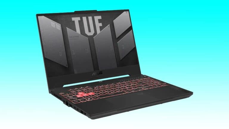 Black ASUS gaming laptop with red-backlit keyboard on a blue background. The lid bears the ASUS RTX 4070 logo and design patterns.