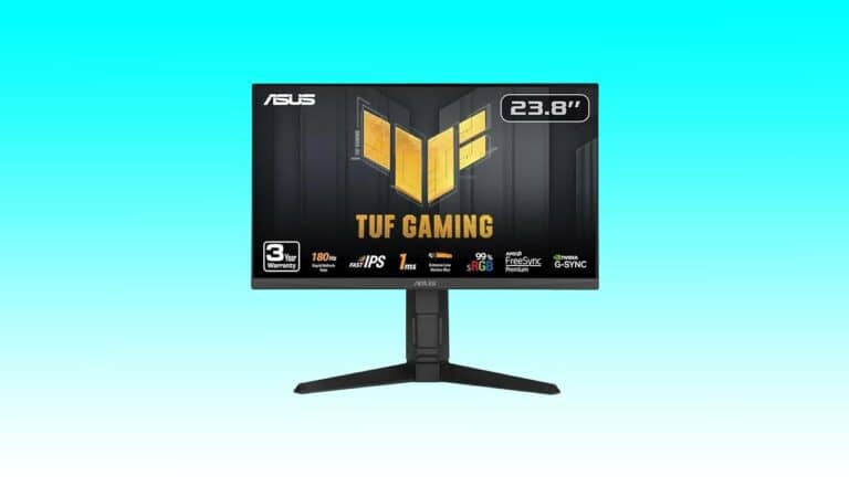Asus TUF Gaming monitor on a teal background, featuring a 23.8" screen, 1080p resolution, IPS display, 1ms response time, and G-Sync compatibility