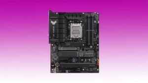 An ASUS TUF Gaming X670E-PLUS motherboard isolated on a purple background, highlighting its black pcb and various connectors and slots.