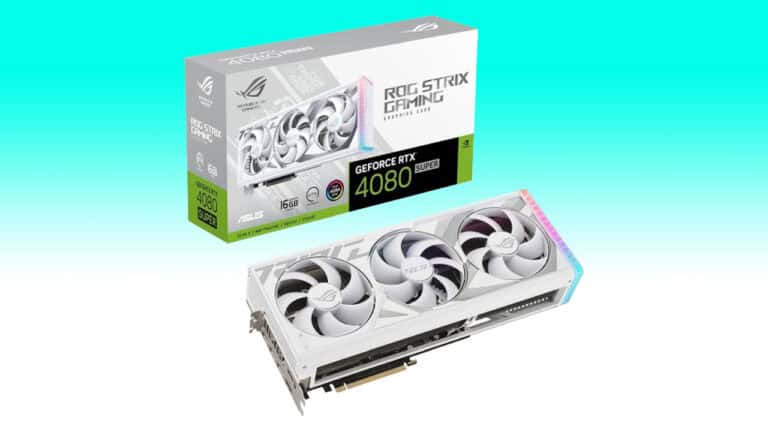 Asus rog strix geforce rtx 4080 super graphics card with white and silver design, displayed alongside its packaging box on a gradient background.
