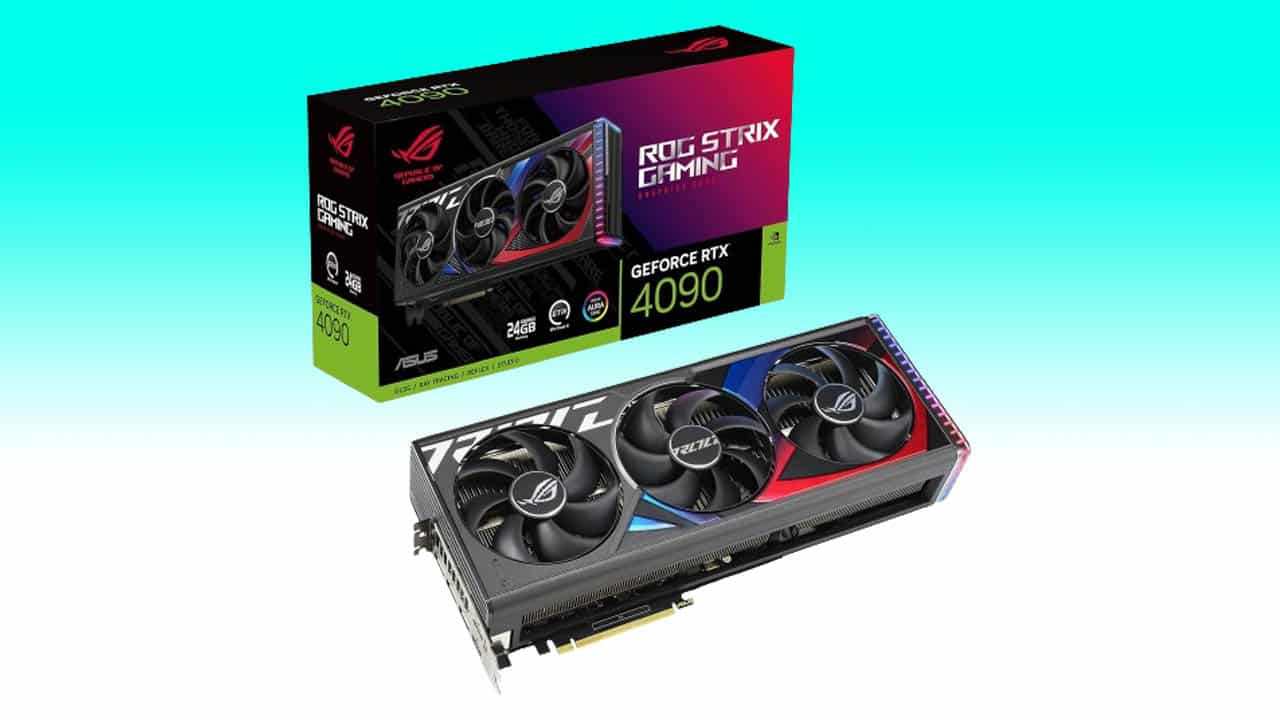 ASUS ROG Strix GeForce RTX 4090 24GB model graphics card with its packaging box displayed on a gradient background.