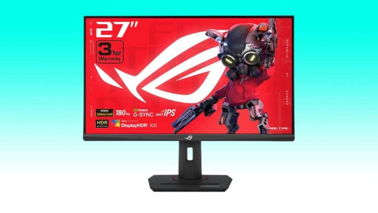A 27-inch ASUS ROG Strix gaming monitor displaying a vibrant graphic of a futuristic armored robot, featuring G-Sync and HDR technology.